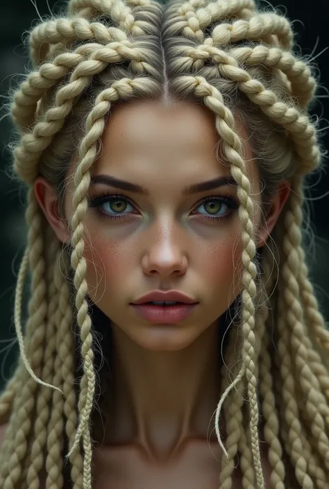 Woman with blonde hair ,  up in many braids , tak jakby dredy,  brown eyes in the style of the Arcane series
