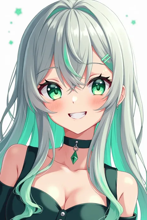  anime style,  illustration, mejor calidad, 1 girl, look with hair inside ,  silver hair , Green hair with highlights,  mocking smile , frontal, Wallpaper,  white background