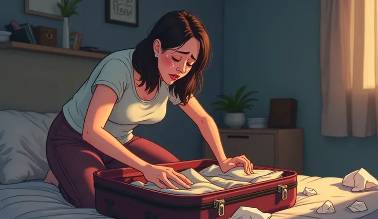 animated image of a women packing her suitcase and crying