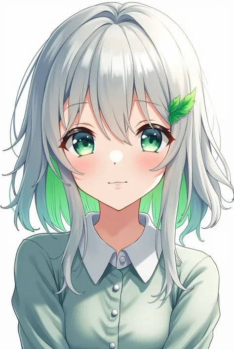  anime style,  illustration, mejor calidad, 1 girl, look with hair inside ,  silver hair , Green hair with highlights,  mocking smile , frontal,  white background, Wallpaper style, simple,