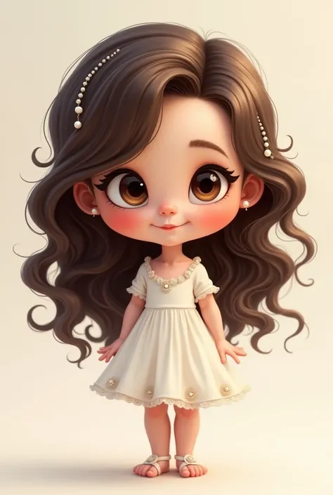 Create a , With long curly hair on the tips dark brown with dark eyes, with white dress and pearls in her hair , outlined eyes, white pele, Full-bodied toddler,  in cartoon