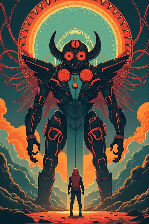 I would like you to mix the anime series Evangelion with its main colors along with an artistic touch of Mayan culture