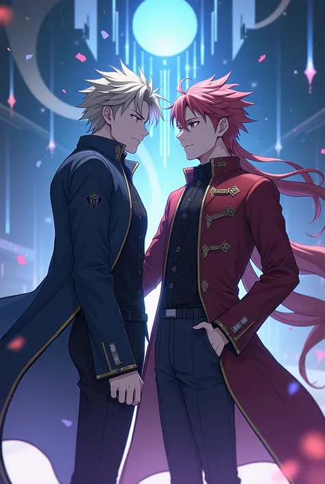 Xavier from game love and deepspace, and voyager from fgo, make it look like anime artstyle and the character is exact from original