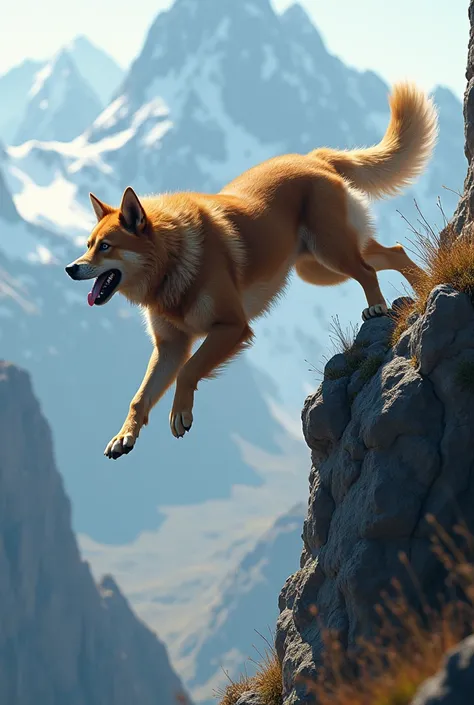 A dog jumping off a mountain 