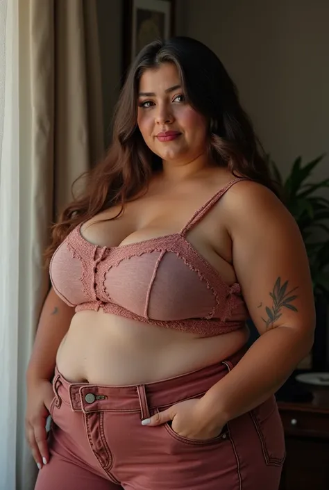 28-year-old overweight woman well-dressed and ugly realistic Brazilian as if she were taking a selfie with ugly clothes