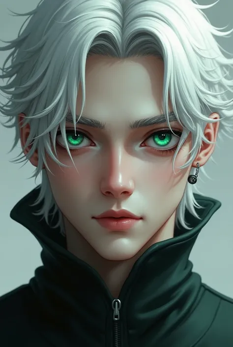 character white hair eyes heterochromia green and  2 eyes almost black men