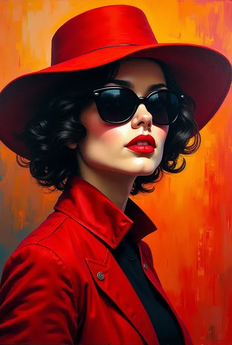 An art with a woman wearing a red hat and dark glasses written by Jojos and in a beautiful setting with red and orange tones and done like modernist painting