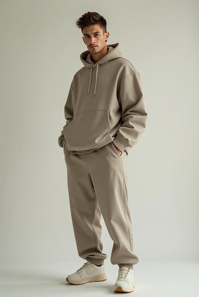 A hyper-realistic portrait of a 20-year-old Italian man with a light brown pompadour hairstyle, modeling streetwear from the renowned Fear of God collection, founded by Jerry Lorenzo. He is dressed in an ensemble that captures Fear of God’s signature aesth...