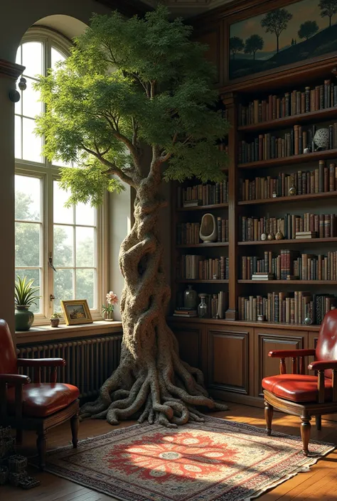  Create an environment with several books  , a painting by Darwin ,  tree for an atheist Christmas without a star on the tip and with scientific and technological items with an atheist concept.