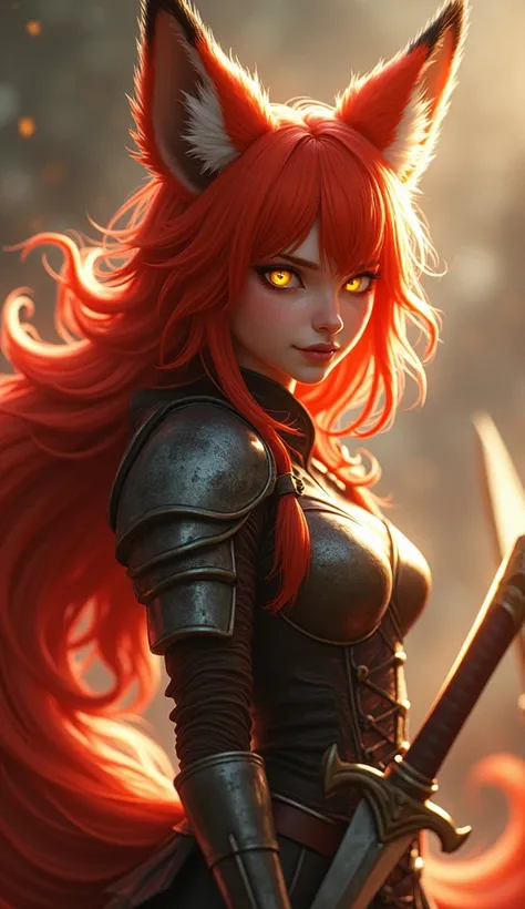 8k ultra hd, A fox-woman hybrid with fiery red fur, sharp golden eyes, and a sly smile. She wields twin curved swords, her lightweight armor allowing swift movements. Her aura is both cunning and seductive.