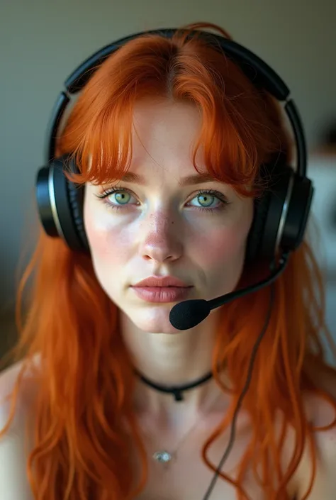 red-haired woman with green eyes ,  sitting with a headset taking a self 