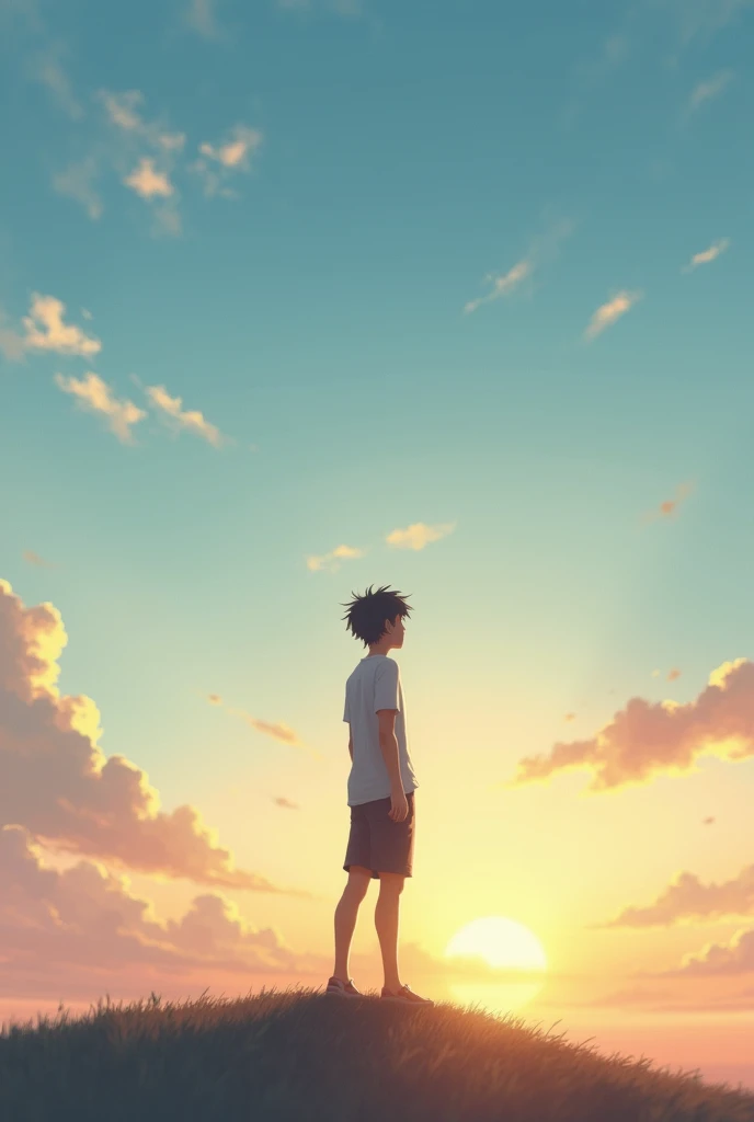 a young person, standing in front of a blue sky with soft clouds,  looking at the horizon with determination . The sun is rising, symbolizing a new beginning.