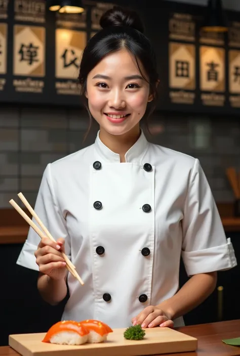 
Fromt . a beautiful young Thai woman . is wearing a white chef uniform with black buttons .  The woman holds a pair of chopsticks in her left hand and a plate of sushi in her right hand.  In front of the woman is a wooden board with a piece of sushi on it...