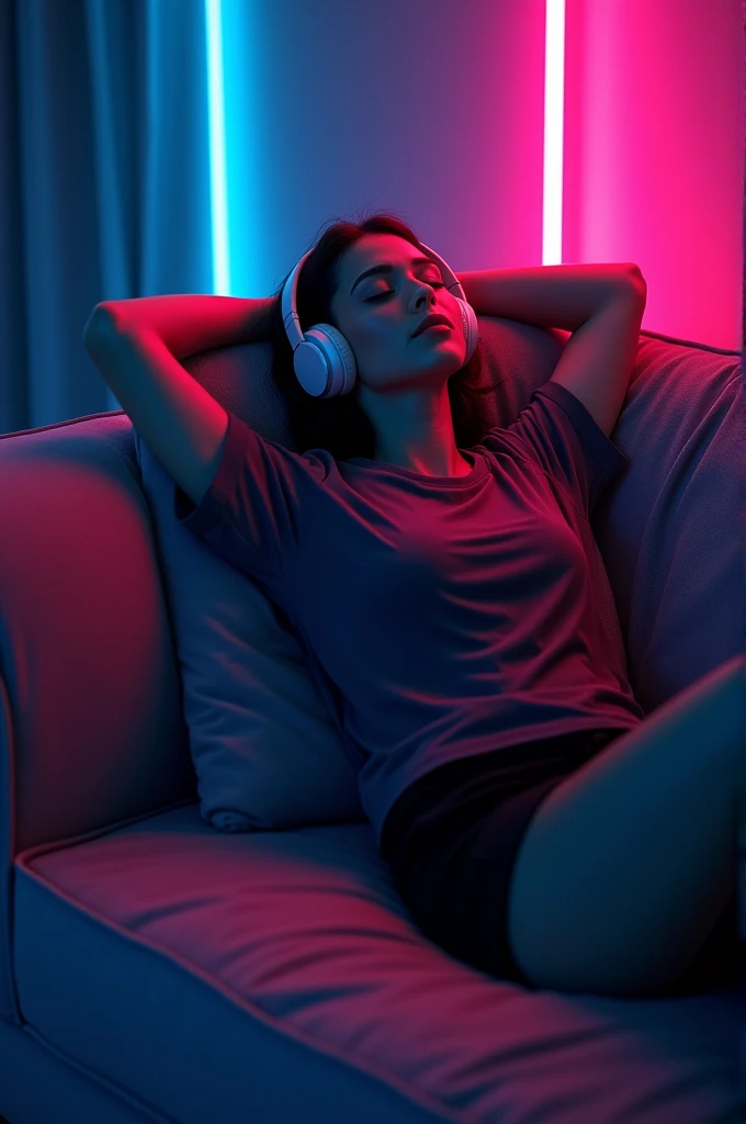 A person lying on a sofa with headphones listening to music with neon light