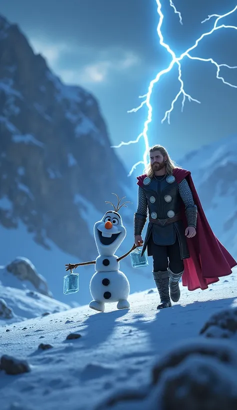 "Create a whimsical and epic image of Olaf, the lovable snowman from Frozen, walking alongside Thor, the God of Thunder. Olaf retains his cheerful appearance, with his twig arms and carrot nose, but he carries a small, playful hammer made of ice. Thor is i...