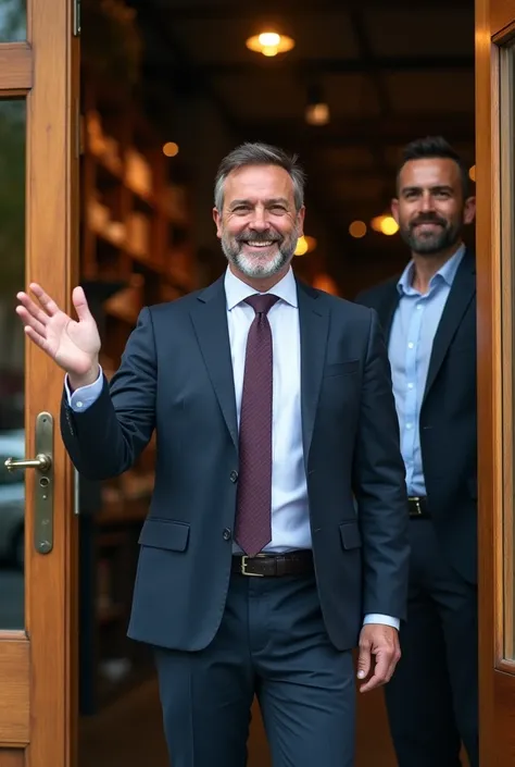 "A wealthy, confident investor in a sharp suit, standing in the doorway of the shop. He gestures with an open hand, promising prosperity, with an air of superiority. The businessman looks wary but intrigued, standing in the background."