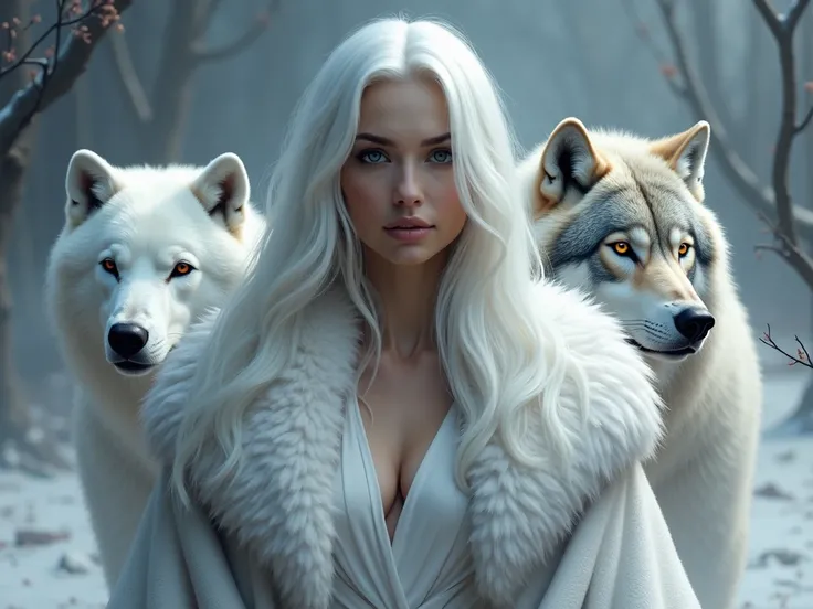 Bust of a woman ,  long flowing white hair ,  large breasts and partially visible under the animals fur robe white color with details on the silver coat,  in the background a dense white mist surrounding the dark scenery and with some dry tree branches vis...