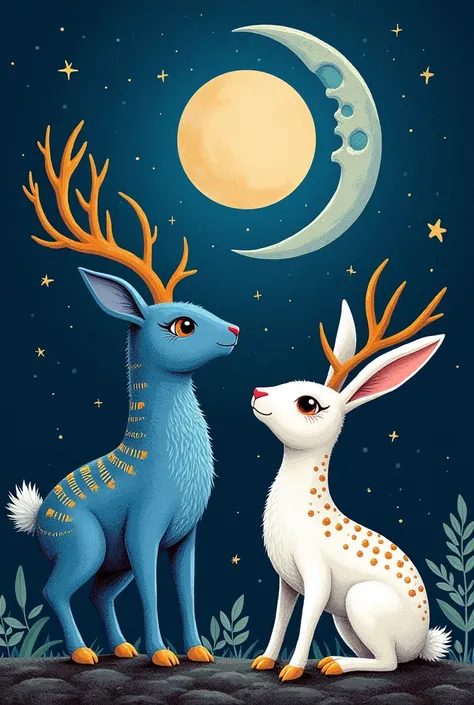  Create the image of a blue deer with a huichola appearance and a white rabbit with deer horns with an Aztec appearance,  the moon is shining above the sky in a crescent room .  At the bottom of the image it says  "Wikarixa and Ometoctli "