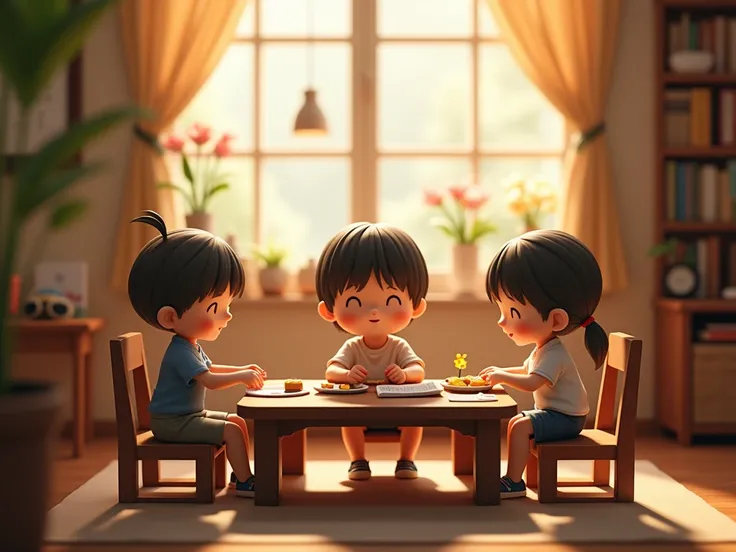 a corner table where there are ren playing in the background who are realistic ren