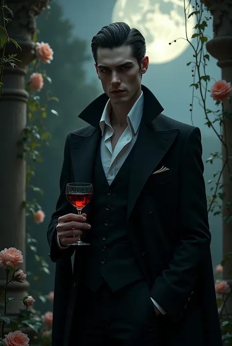 An elegant vampire man in a suit and a glass of wine under the moonlight
