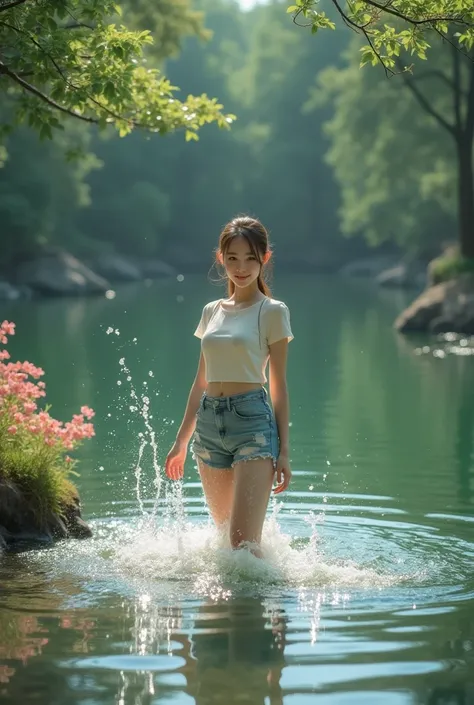 Pine forest background, a beautiful girl Chinese s style casual clothes, playing with splashing lake water, bright colors of wild life while looking at the camera full UHD 8K quality