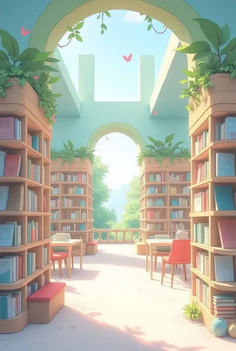 A library with a watercolor drawing style with very soft colors, Pastel colors 
No people or furniture, that it is anime type
