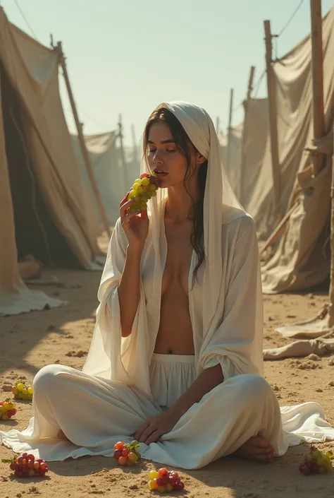 seated dancer eating grapes in a jihadist warrior camp