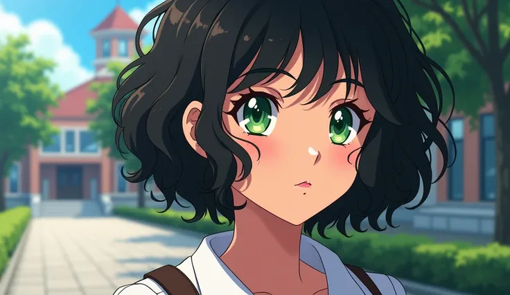 Close-up: Woman with short curly hair, green eyes, age 29, with a perfect physique, 90s anime style at university 
