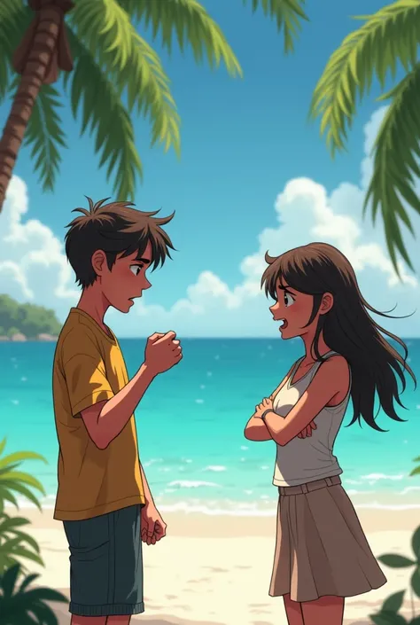 Draw a boy talking to a girl arguing on an island