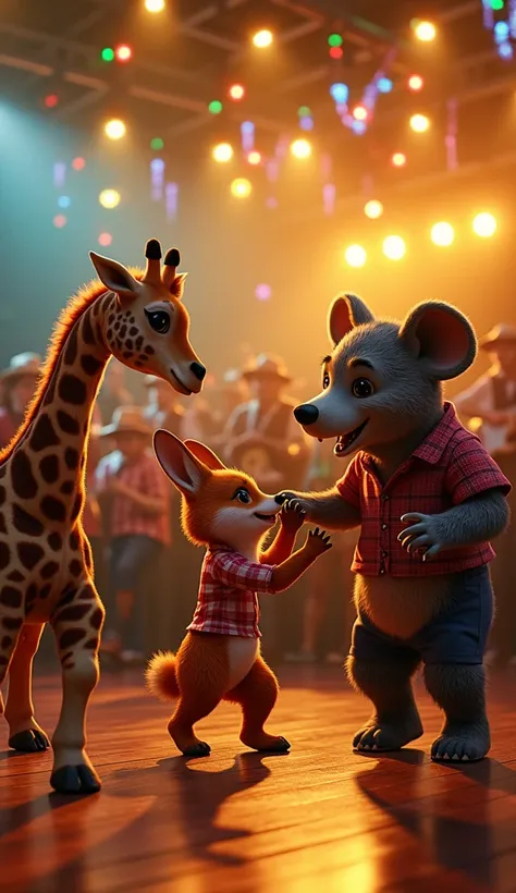 A highly detailed and ultra-realistic image of a lively forró show with a diverse group of animals dancing in couples on a wooden dance floor. In the foreground, several pairs of animals are dancing enthusiastically: a giraffe and a zebra twirl together, a...