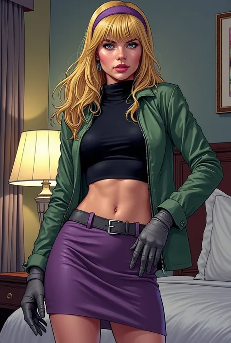 gwen stacy Grey Boots Black Turtleneck Purple Pencil short Skirt Green Jacket Purple Headband Blonde Wig with Bangs comic style and sex young girl nude in hotel
