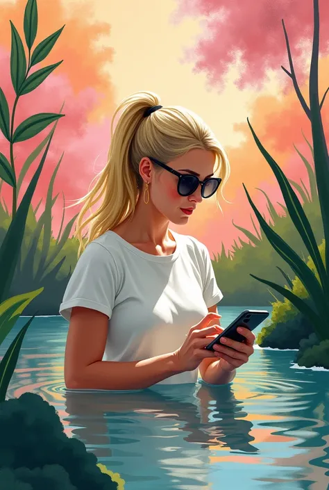 An art with a blond woman with a ponytail and dark glasses typing and creating art at her phone and in a beautiful setting with pink, yeallow and green tones and done like modernist painting. 