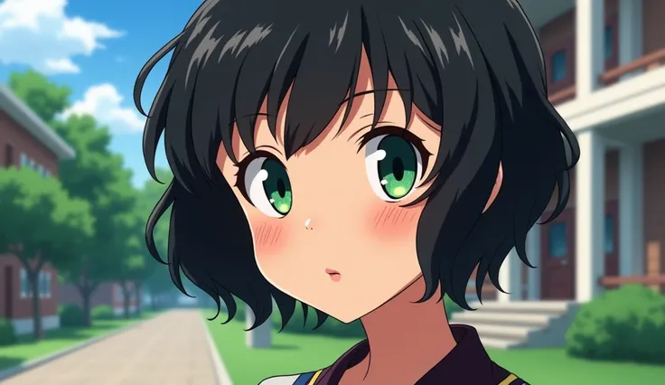 Close-up: Woman with short curly hair, green eyes, age 29, with a perfect physique, 90s anime style at university 
