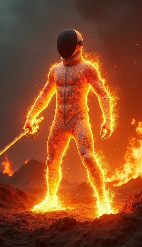 A man in a fencing suit made of magma in a full-body combat posture 