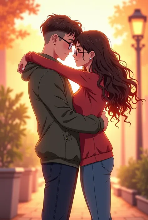  long curly hair,  sneakers with round glasses , hugging her white-skinned, military-cut boyfriend, anime style image