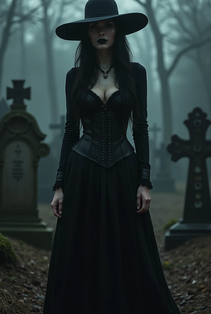 A serious woman with long black hair with very white skin wearing a black corset with a long black skirt with a hat covering her face wearing black lipstick in the cemetery at night 