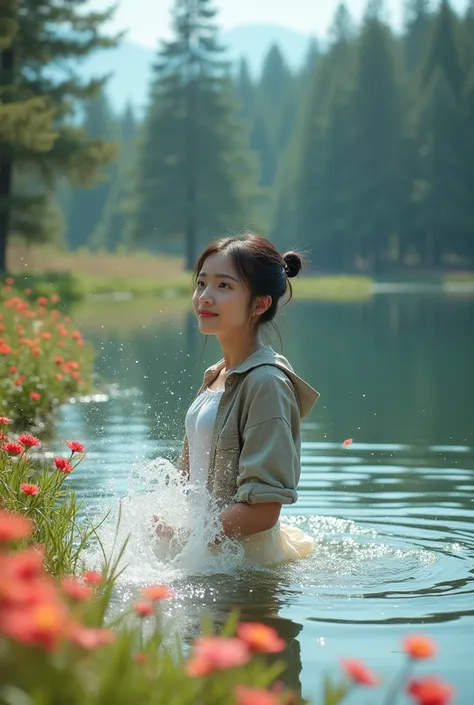 Pine forest and flower rose background, a beautiful girl Chinese s style casual clothes, playing with splashing lake water, bright colors of wild life while looking at the camera full UHD 8K quality