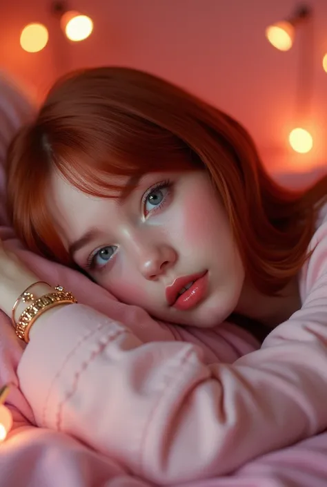  very detailed,  extremely realistic,  hyperrealism,  super real ,  top quality,(  masterpiece  , soft lighting ,  stylish eyes with attention to detail: 1.2),15-year-old girl, (cute), Christmas Party in the Pink Room、Lying on your back on the bed 、off-the...