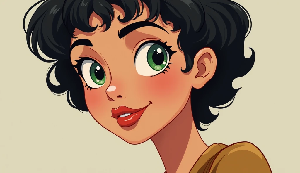 Close-up Mature woman with short curly hair green eyes years old with a perfect 90s cartoon style physique in university 
