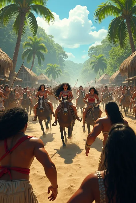 Draw an invasive attack with horses on the island and all the frightened villagers, including Moana and her husband. 