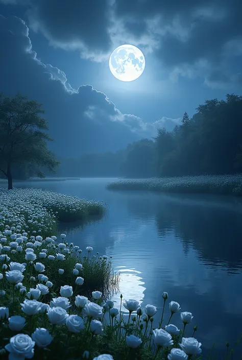 A white rose field in a lake next to a lake where you can see the full moon