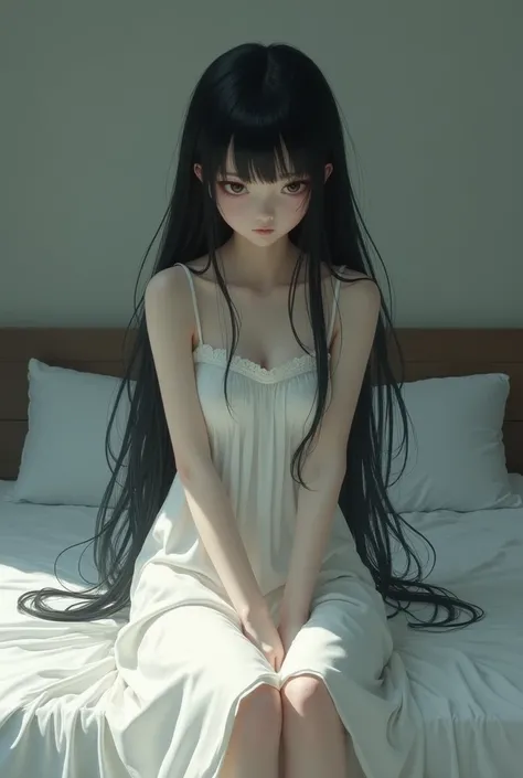  A girl with dark hair and white dress, with a somber face sitting on her bed 