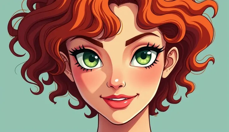 Close-up Mature woman with short curly hair green eyes years old with a perfect 80s cartoon style physique in university 
