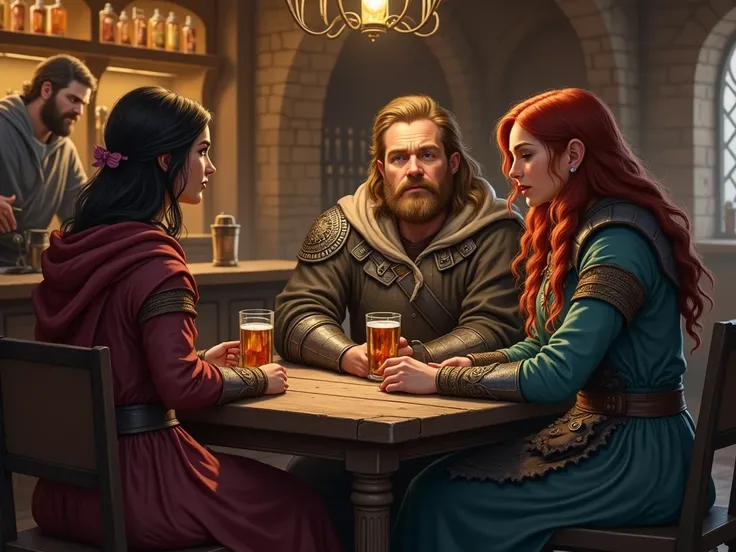 Tavern scene ,  in front 3 people seated at a table :  halfling woman brunette ,  red-haired halfling  ,  blond human woman wearing armor ,  androgen half-elf with shabby robes in the background on the counter ,  behind the counter a white man with brown h...