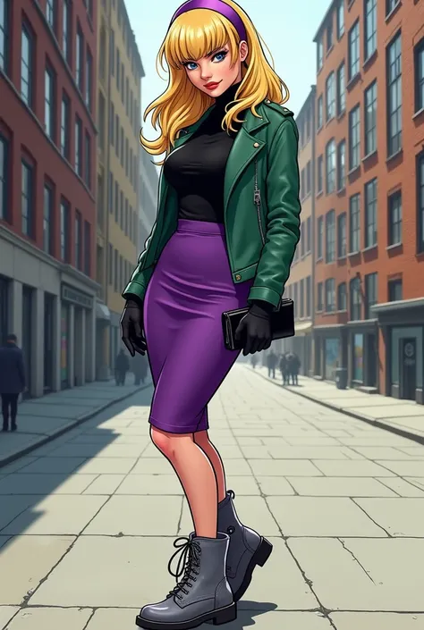 gwen stacy hooker Grey Boots Black Turtleneck Purple Pencil short Skirt Green Jacket Purple Headband Blonde Wig with Bangs comic style and black wallet  
