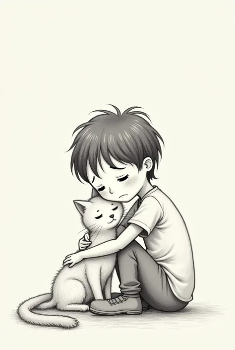 You have a boy petting his cat but he is sad,  that is a pencil-like drawing done by an elementary school 