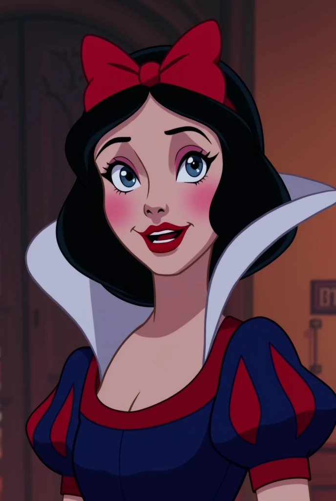 Disney princess Snow White reimagined as an evil villain in disney animated style. It should be the same as Snow White, but just give her a makeover of a villain. Keep the face similar to original one just make the expression and makeup of a villain 