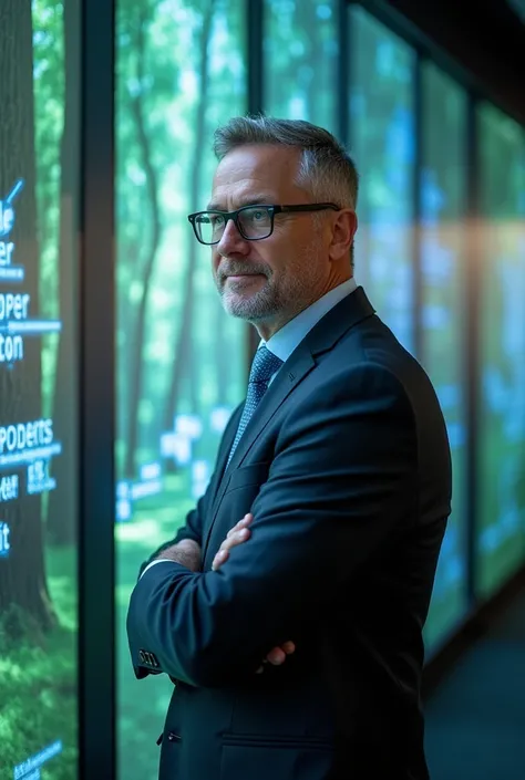 Henrik Ehrnrooth ,  Chairman of UPM-Kymmene Oyj,   is standing in a modern office ,  surrounded by holographic presentations of paper products, Biomaterials and environmental projects .  There are thick forests behind him ,  that symbolize the sustainable ...