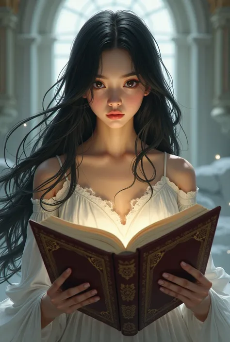  Create a pictureThe end of the first step is a beautiful girl with black hair 
She has a long book 