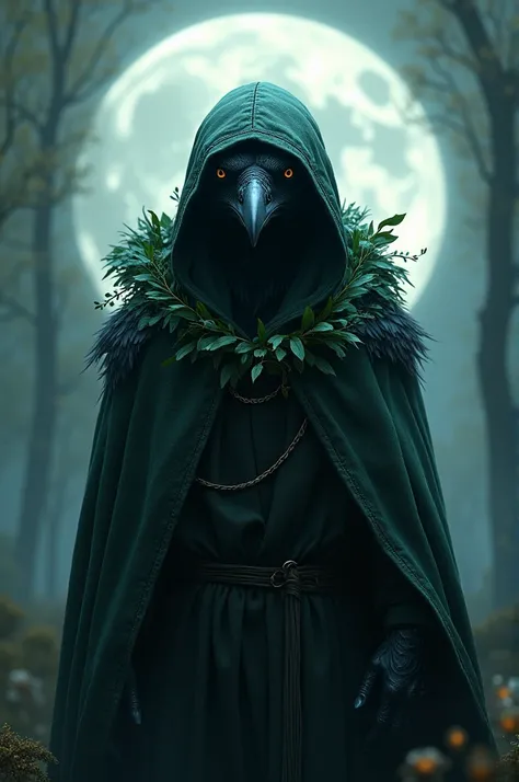 A crow animal wearing a green hood in the moonlight